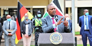 Directorate of Criminal Investigations Boss George Kinoti addresses guests and the press during the ceremony at the DCI Headquarters in Kiambu.