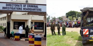 DCI headquarters along Kiambu Road and police at a scene of crime