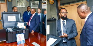 A collage image of DCI boss George Kinoti receiving Child Adolescent Forensic Interview (CAFI) kits from the FBI on July 26, 2022.