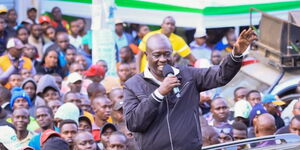 Deputy President Rigathi Gachagua addresses a crowd during a tour in Uasin Gishu County on March 3, 2023.