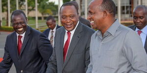 From right: Defence CS Aden Duale, Former President Uhuru Kenyatta and President William Ruto