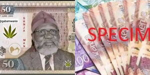 Photo collage between a photoshopped photo of George Wajackoyah appearing on old 50 shilling note and specimen of Kenyan notes