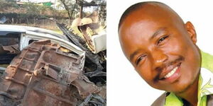 Side by side image of wreckage of the vehicle involved in an accident on August 6, 2020 and singer Dennis Mutara who survived the accident