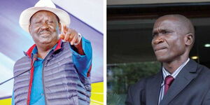 Azimio La Umoja flag bearer Raila Odinga and his personal spokesman Dennis Onyango.