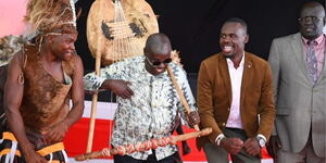 Deputy President Rigathi Gachagua participating in a dance alongside Education CS George Magoha at the Music Festival Friday September 23 2022