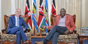 President William Ruto (Right) and European Union (EU) Ambassador to Kenya Simon Mordue at Ruto's then-Karen office on June 11, 2020.