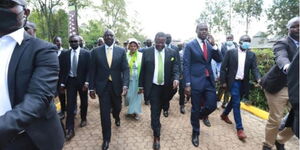 Deputy President William Ruto (left), ANC leader Musalia Mudavadi (center) and Nairobi Senator Johnson Sakaja at Bomas of Kenya.