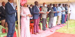 Deputy President William Ruto (third from left) with some of is allies at PCEA Munyange Parish in Othaya, Nyeri County on Sunday, November 1, 2020.