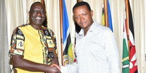 Deputy President William Ruto and Machakos Governor Alfred Mutua pose for a photo after striking a deal to join Kenya Kwanza on May 9, 2022.