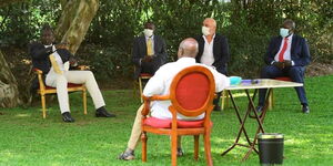 Deputy President William Ruto, Kapseret MP Oscar Sudi, another delegate, David Langat and President Yoweri Museveni in Uganda.