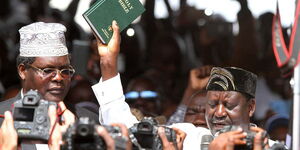 Miguna Miguna (Left) during the swearing-in of ODM leader Raila Odinga (Right) as People's President on January 30, 2018. 