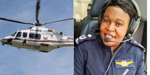 Photo collage between a National Police Chopper and chief pilot Eunice Dobby