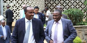 Defence Cabinet Secretary nominee Aden Duale (left) and National Assembly majority leader Kimani Ichung'wa at a past parliamentary session.