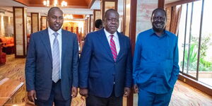 Suna East MP Junet Mohamed (left), Interior CS Fred Matiang'i (center) and ODM party leader Raila Odinga.