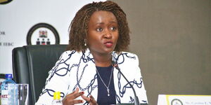 IEBC Candidate Caroline Njeri Ng'ang'a appears before the selection panel on Thursday, July 8