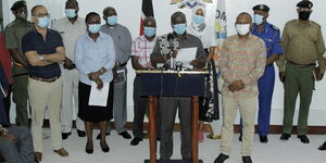 Mombasa County's Emergency Preparedness and Response Committee addressing the press on Tuesday, August 3.