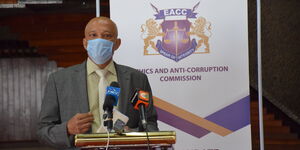 EACC CEO Twalib Mbarak after presenting a cheque to the Kenya Covid-19 Fund on April 28, 2020.