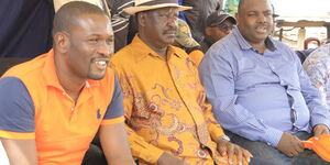From left: ODM Secretary General Edwin Sifuna, Party Leader Raila Odinga, and Nairobi Chapter Chairperson George Aladwa during a rally in Kibra, Nairobi on August 25, 2019.