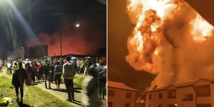 Embakasi residents watch the aftermatch of the gas explosion on February 2, 2024 (left) and the explosion caused by a gas tank (right).