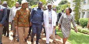 From left, Nyandarua Governor Francis Kimemia, ODM Party Leader Raila Odinga, Meru Governor Kiraitu Murungi and Kirinyaga Governor Anne Waiguru during the BBI Meru forum on Friday, February 28.