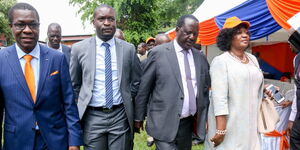 ODM Leader Raila Odinga, Secretary-General Edwin Sifuna (second left) and former Kasarani MP Elizabeth Ongoro at Chungwa House on Wednesday, March 4, 2020.