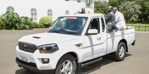 President Uhuru Kenyatta driving a Mahindra Pick-up at State House on March 9, 2020