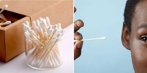 A photo collage of cotton earbuds (left) and someone using cotton earbuds to clean ear.