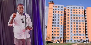 A photo collage of Nairobi Governor Johnson Sakaja (left) and the affordable housing units in Ngara (right), in Nairobi County.