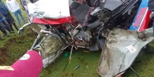 Wreckage of the matatu registered under Egesa Shuttle that was involved in an accident on October 5, 2022. 