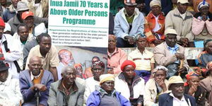 Elderly people follow during the launch of Inua Jamii cash transfer programme in Nyeri in 2017.