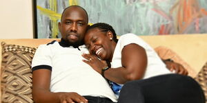 Elgeyo Marakwet Senator Kipchumba Murkomen (left) and his wife Gladys Wanjiru enjoy a light moment during his birthday party on March 12, 2020.