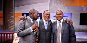 Elgeyo Marakwet Senator Kipchumba Murkomen (left), Jeff Koinange (centre) and Suna East MP Junet Mohamed pictured during the JKLive show on March 11, 2020.