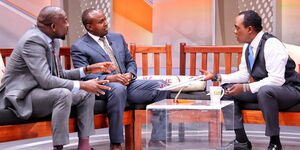 Elgeyo Marakwet Senator Kipchumba Murkomen (left), Suna East MP Junet Mohamed (centre) and Jeff Koinange pictured during the JKlive show on March 11, 2020.