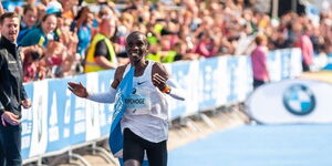 Eliud Kipchoge celebrating winning the 2018 BMW Berlin Marathon title on September 16, in Germany.