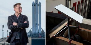 A collage photo of US billionaire Elon Musk at the SpaceX station (left) and a Starlink internet antenna (right).