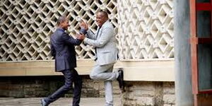 Embakasi East MP Babu Owino (left) greets his Starehe counterpart Charles 'Jaguar' Kanyi outside Parliament.