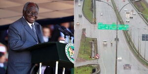 Photo collage between late President Mwai Kibaki and Thika Super Highway