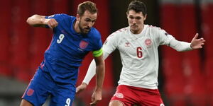 England's Harry Kane (left) battles against Denmark's Adreas Christensen in a past match