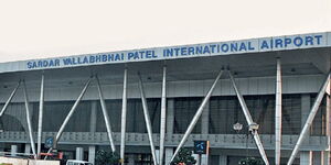 Entrance to Sardar Vallabhbhai Patel International (SVPI) Airport in Ahmedabad, India.