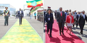 President Willam Ruto being received in Ethiopia on October 6, 2022 (left) and former President Uhuru Kenyatta and Margaret Kenyatta in Ethiopia in 2015 (right).