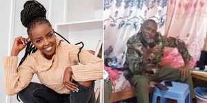 A collage image of YouTuber Eve Mungai (left) and a screengrab of a police officer in a viral video (right).