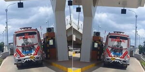 A collage image of a passenger bus at one of the tolls stations of the Nairobi Expressway.