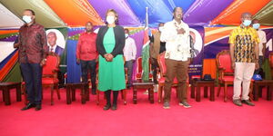 From left: Machakos Governor Alfred Mutua, Kitui Governor Charity Ngilu, ODM leader Raila Odinga and Makueni Governor Prof. Kivutha Kibwana during Azimio la Umoja popularization in Makueni County on Friday November 12, 2021. 