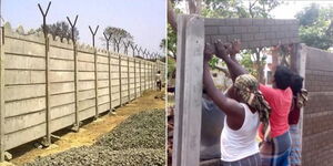 A collage photo of an installed Precast Concrete Fence (left) and constructors installing a fence at a site (left).