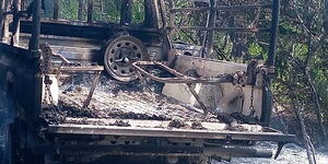 A torched police van following an ambush by Al Shabaab militants in Milihoi, Lamu on Friday, January 7, 2022.