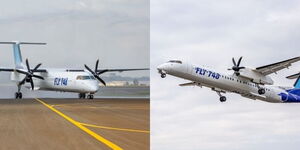 Photo collage of FLY478 planes one landing and another one taking off