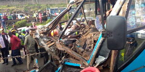 An image of a Kenya Mpya bus that rammed a lorry on Monday morning, May 9, 2022, along the Thika Superhighway.