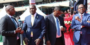 From Left: Presidents aide Farouk Kibet, Nairobi County governor Johnson Sakaja, Former National Assembly speaker Justin Muturi and Garissa Town MP Aden Duale at Kasarani Stadium on Tuesday, September 13, 2022