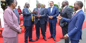 President William Ruto (second right), DP Rigathi Gachagua and former CSs Najib Balala, Fred Matiang'i and Joe Mucheru at State House on September 27. 2022.