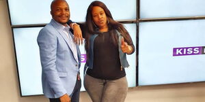 Felix Odiwuor, popularly Jalang'o and Kamene Goro at Kiss FM studios